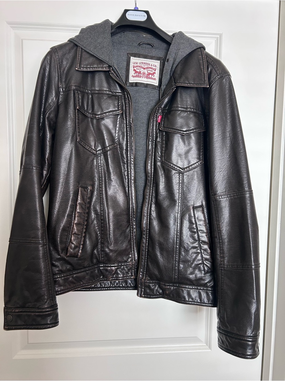 Levi's Black Leather Jacket with Gray Hooded Knit Liner